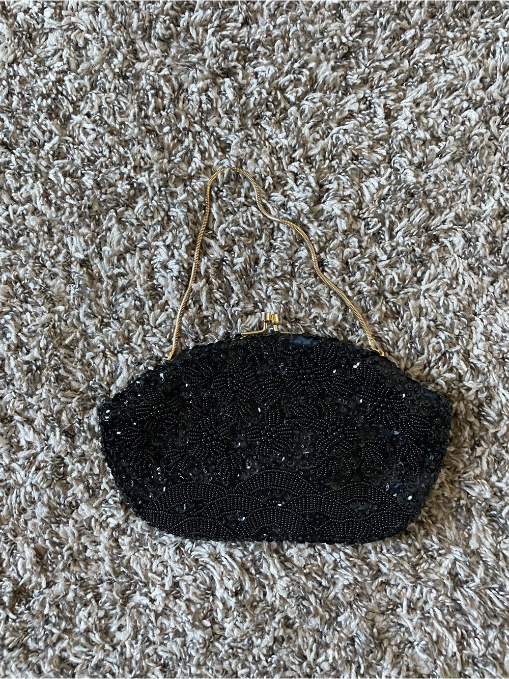 Black Beaded Evening Clutch with Gold Chain Handle